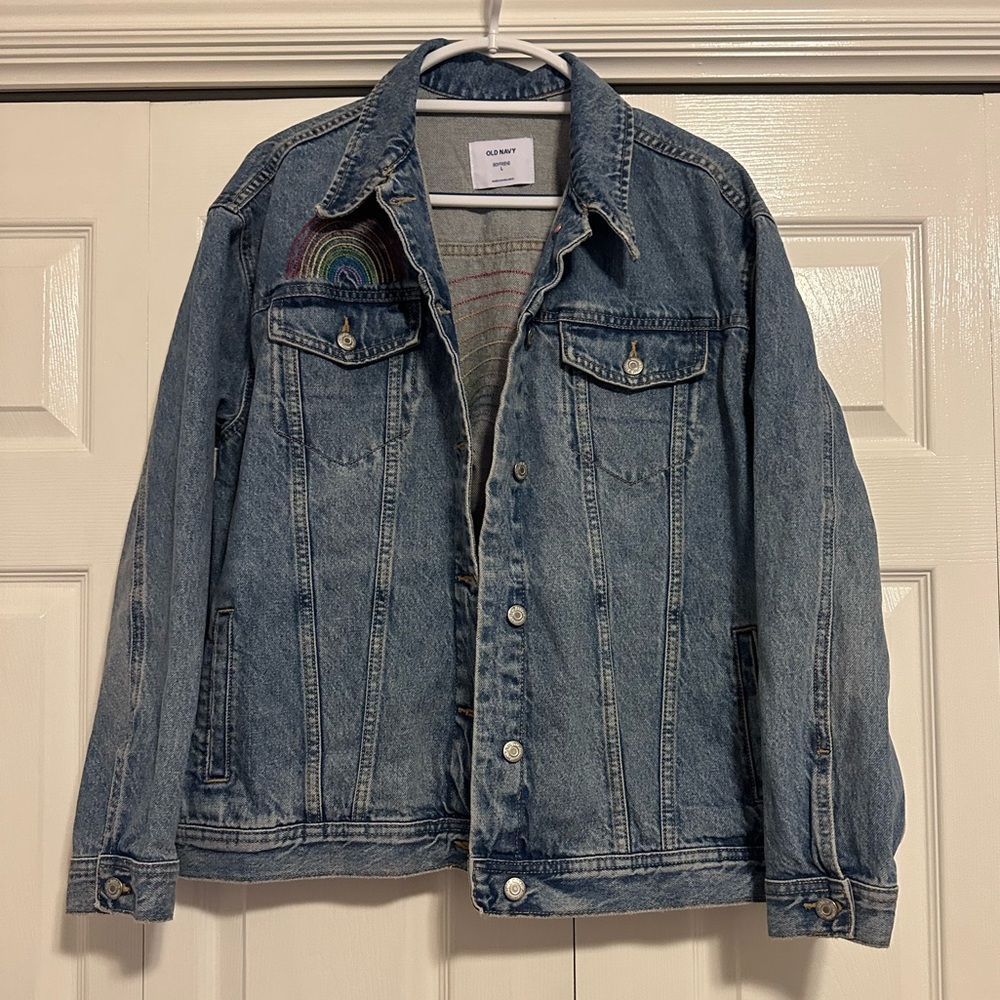 Old Navy Denim Jean Women’s Boyfriend Jacket Rainbow Embroidered Large L